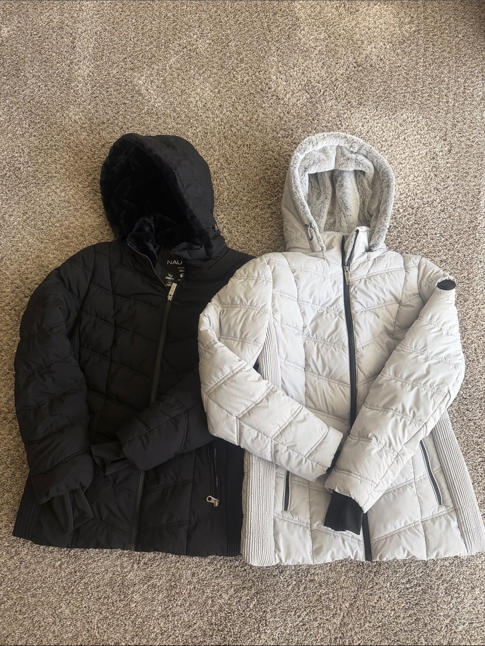 Nautica Women's Quilted Hooded Jacket - Black and Light Gray